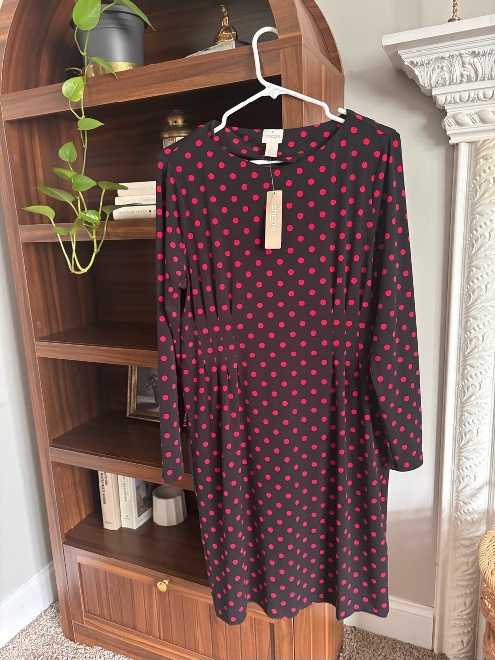 Chicos Polka Dot Long-Sleeve A-Line Dress - Black with Pink Dots